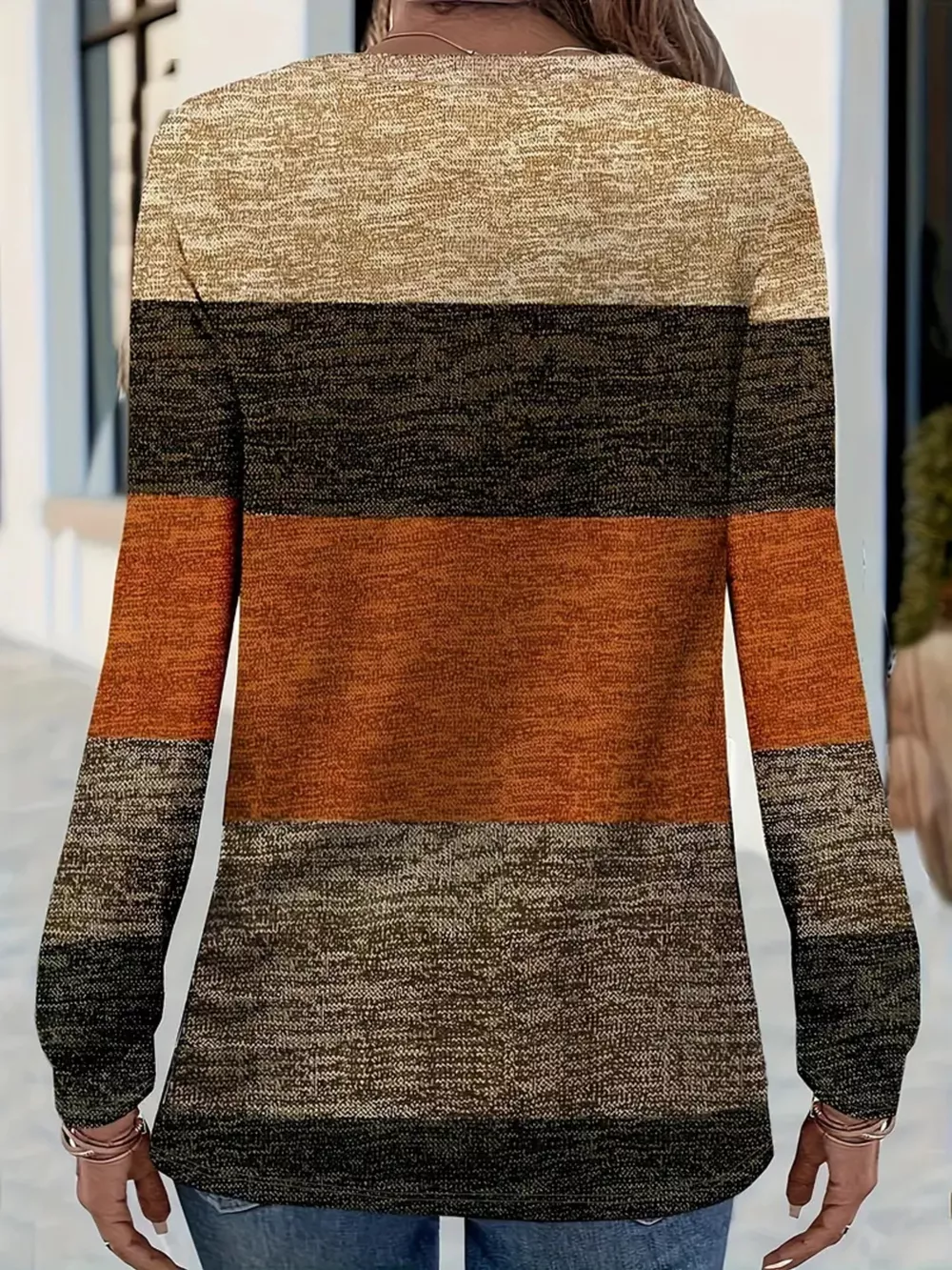 V-Neck Color Block Long Sleeve Casual T-Shirt, image 2