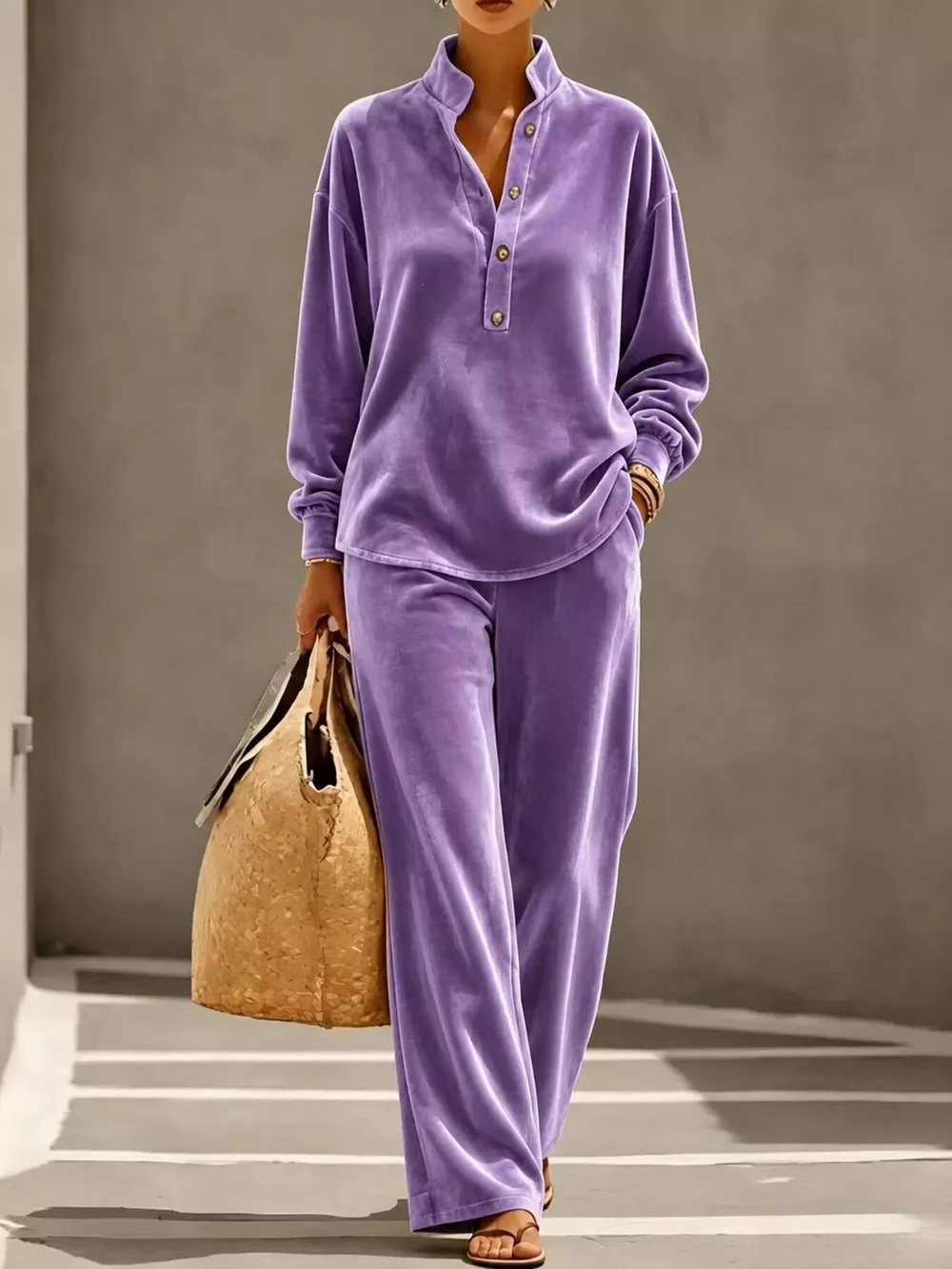 Full Size Half Button Top and Wide Leg Pants Set Plus Size, image 17