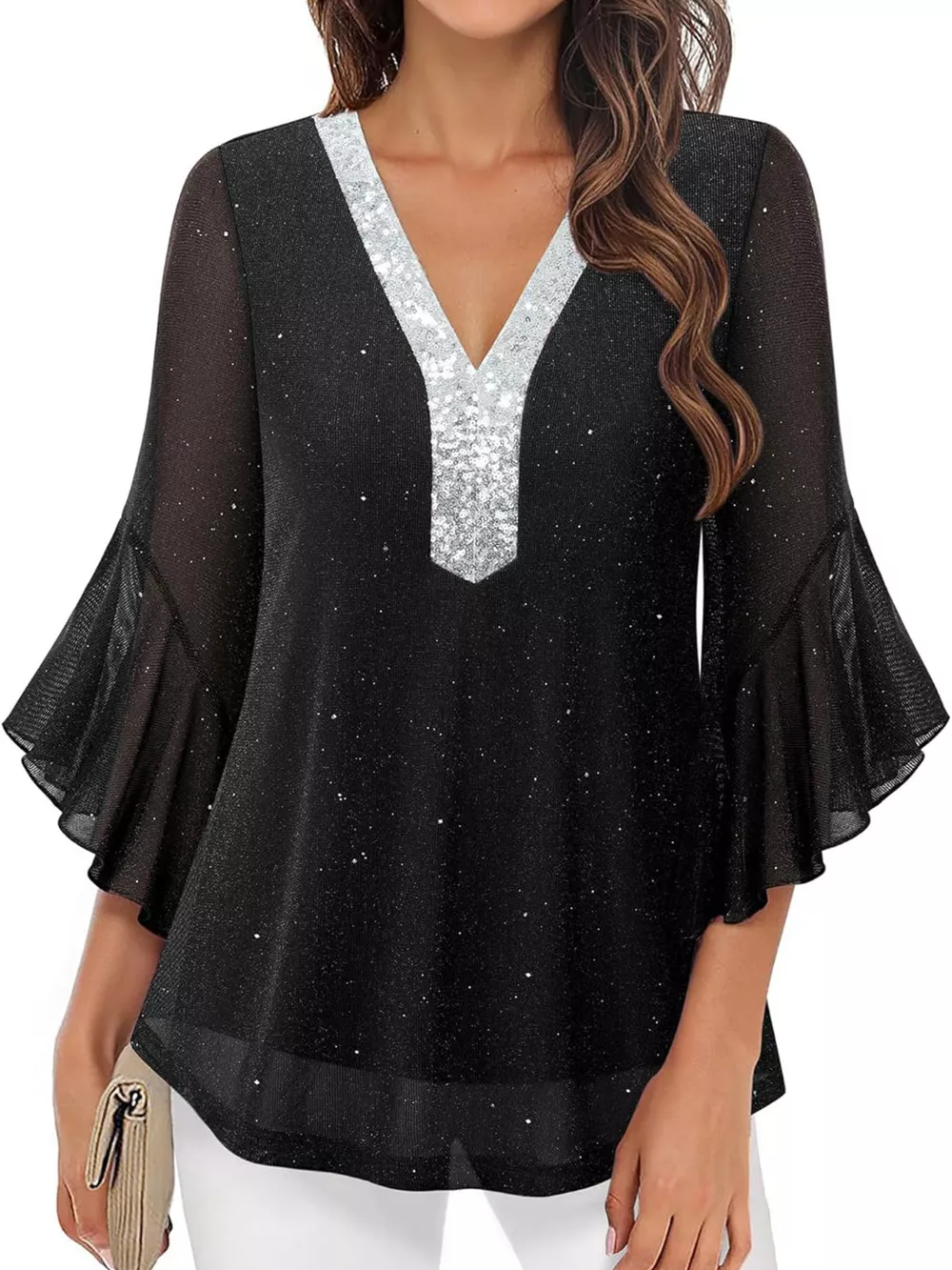 Sequin V-Neck Flounce Sleeve Blouse, image 6