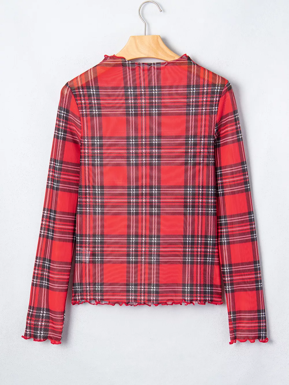 Sheer Plaid Mock Neck Long Sleeve Blouse, image 6