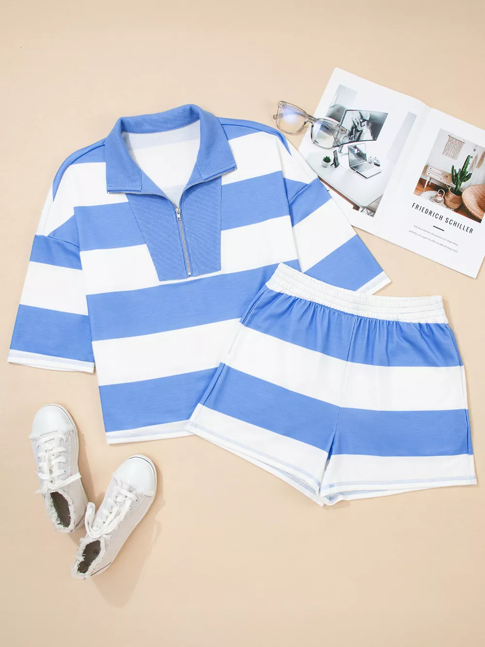 Stripe Seam Detail Half Zip Oversize Tee Casual Shorts 2pcs Set, image 5