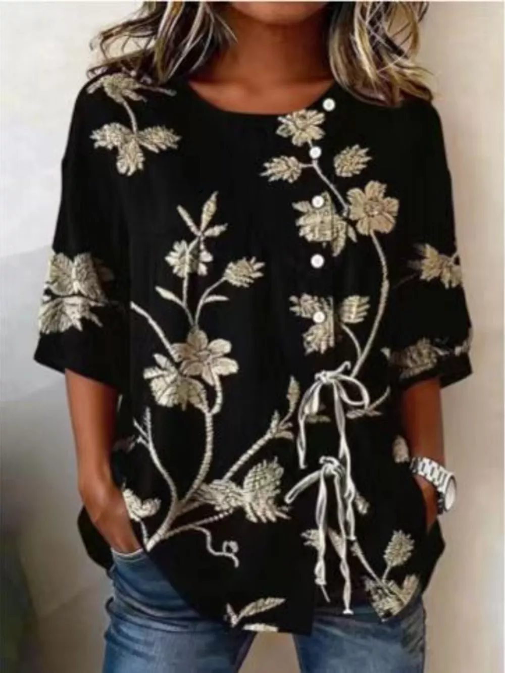 Full Size Embroidered Floral Tie Front Shirt Plus Size, image 10