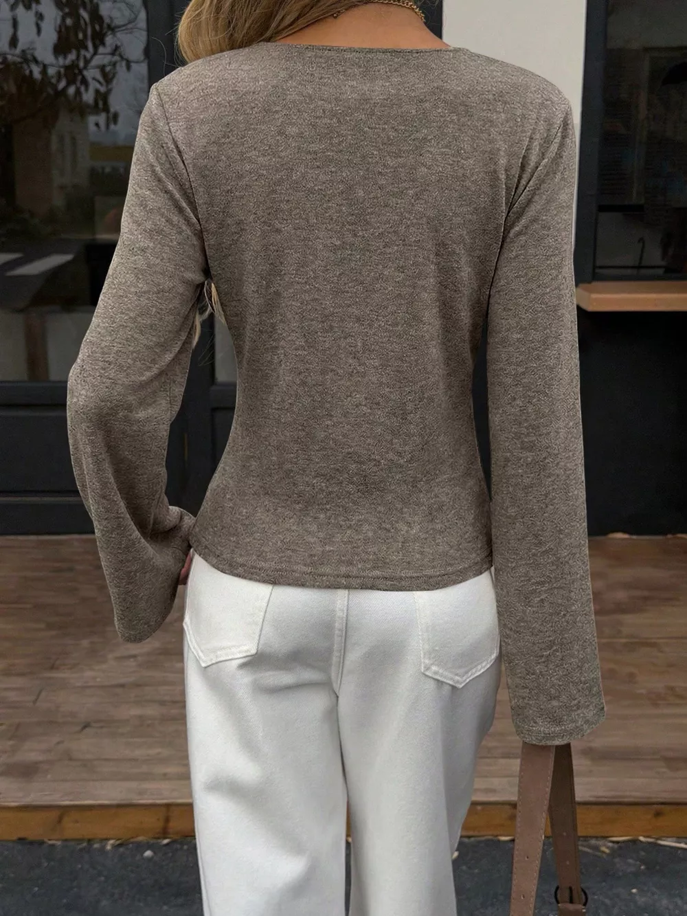 Elegant V-Neck Wrap Asymmetrical Blouse with Flared Sleeves, image 3