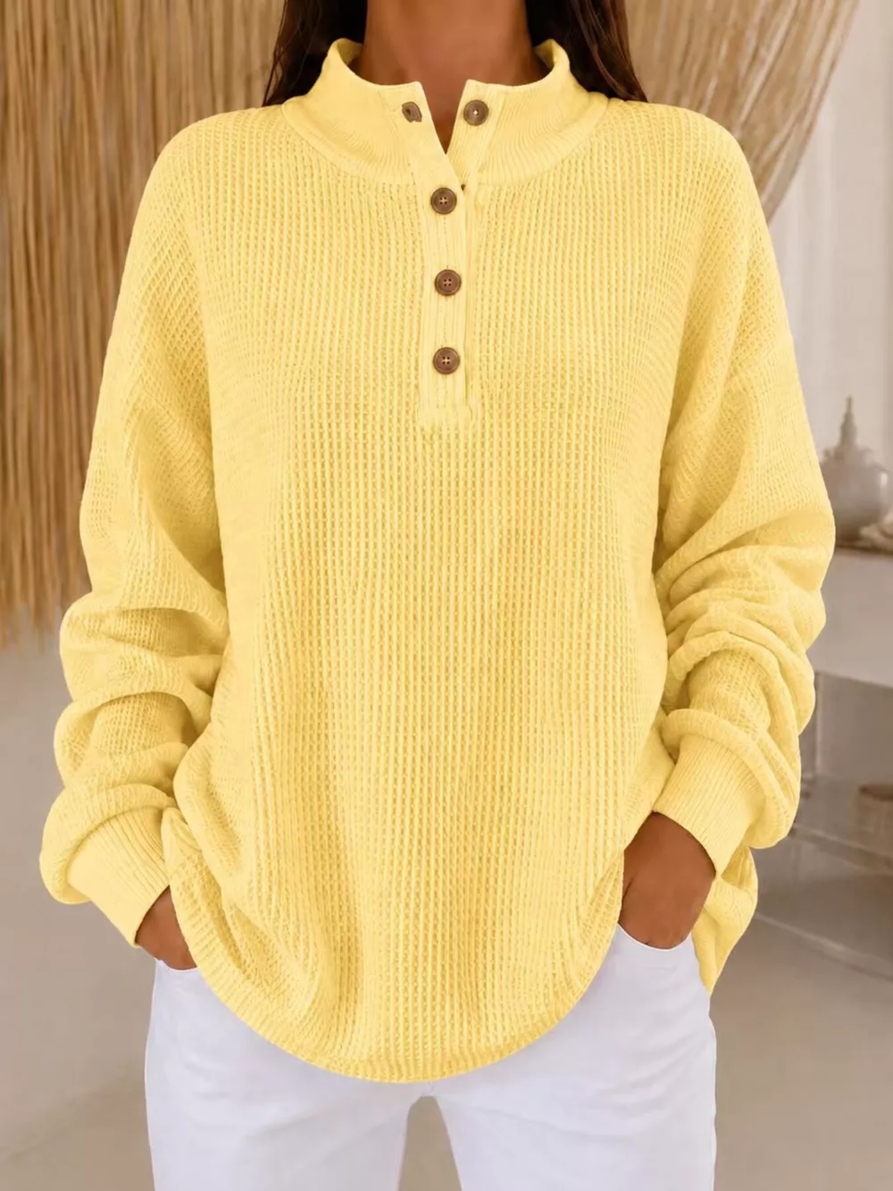 Full Size Waffle Knit Button Detail Sweatshirt Plus Size, image 9