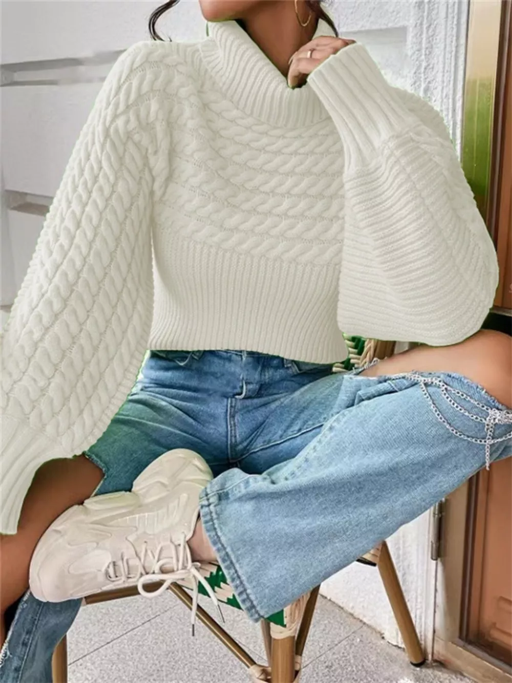 Textured Knit Turtleneck Long Sleeve Sweater, image 15