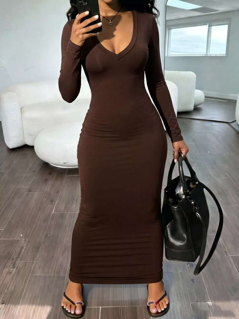Long Sleeve V-Neck Ruched Maxi Dress, image 4