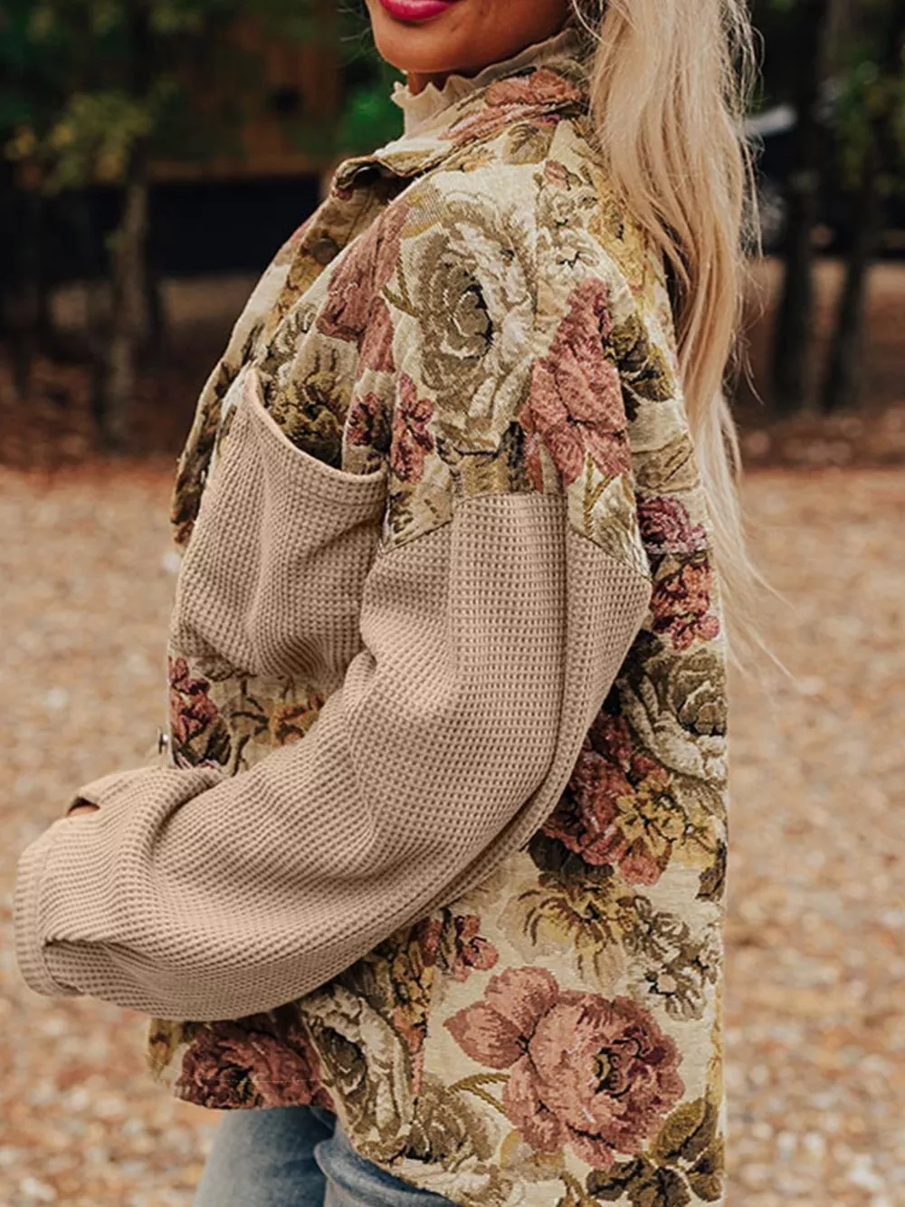 Floral Waffle Knit Patchwork Chest Pockets Buttoned Jacket, image 10