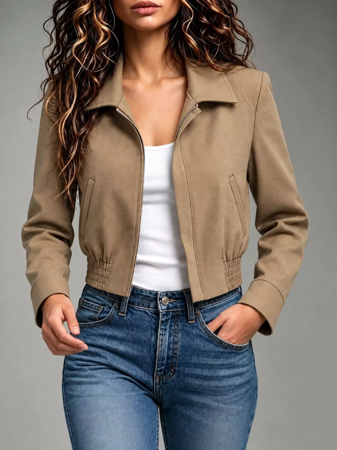 Zip Up Elasticized Hem Cropped Jacket, image 4