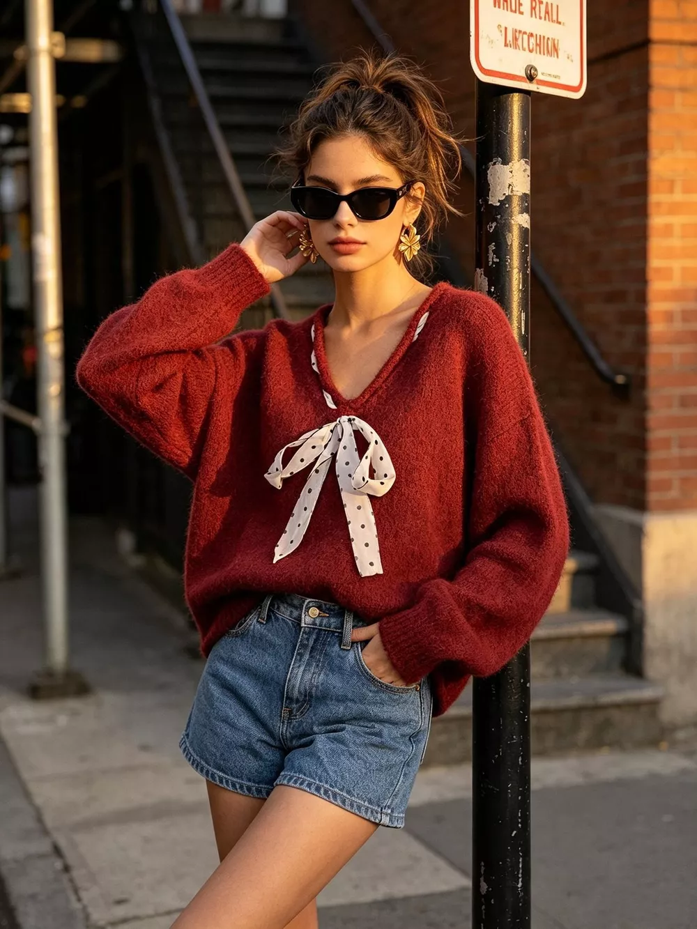 Chic V-Neck Sweater with Polka Dot Ribbon Tie, image 15