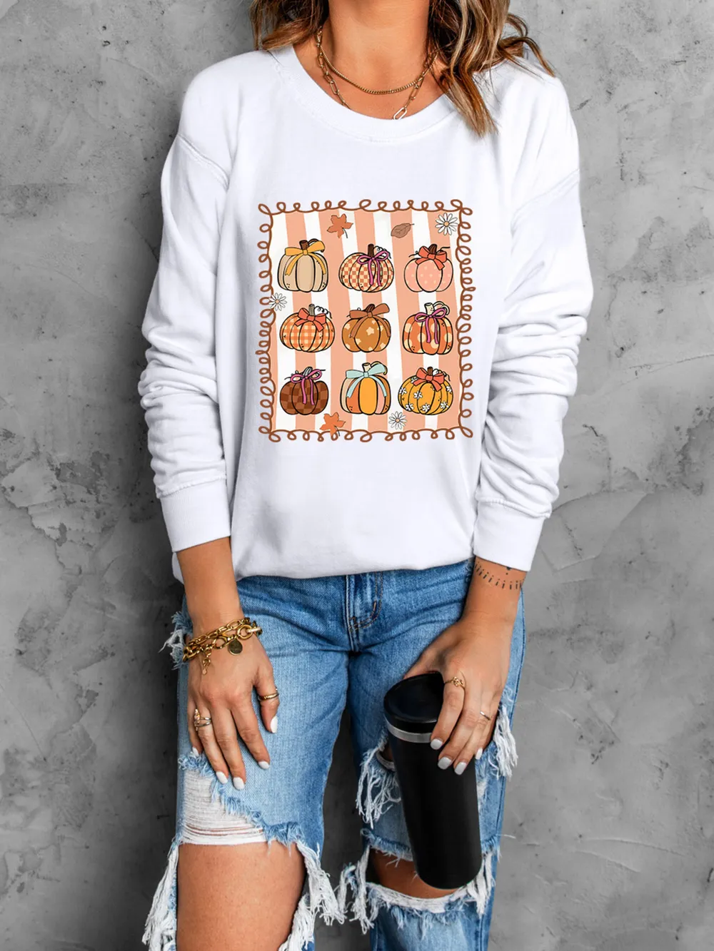 Pumpkin Graphic Round Neck Sweatshirt, image 2