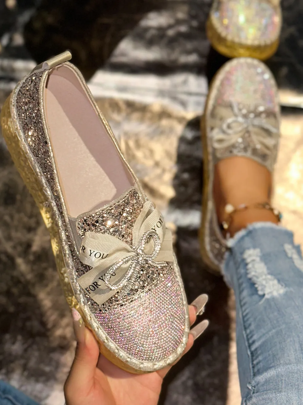Rhinestone Bow Round Toe Slip-Ons, image 5