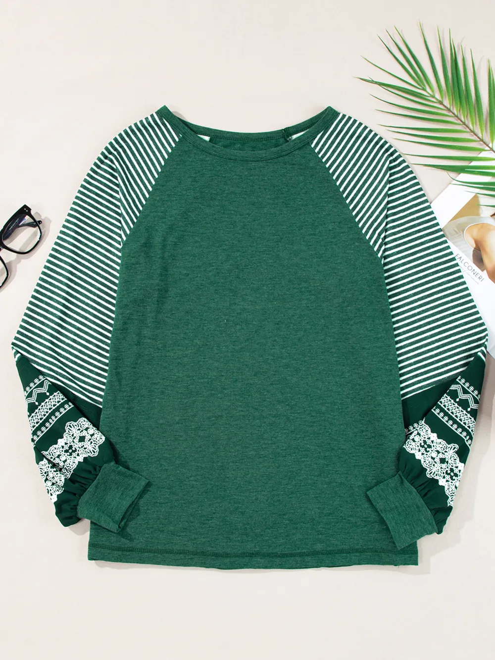 Contrast Print Striped Raglan Long Sleeve Loose Top, image 17