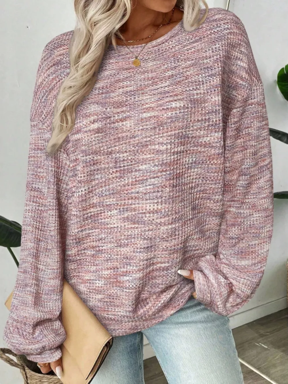 Space-Dyed Long Sleeve Waffle-Knit Top, image 24
