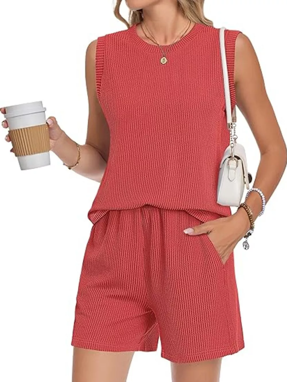 Casual Ribbed Knit Sleeveless Top and Shorts Set, image 2