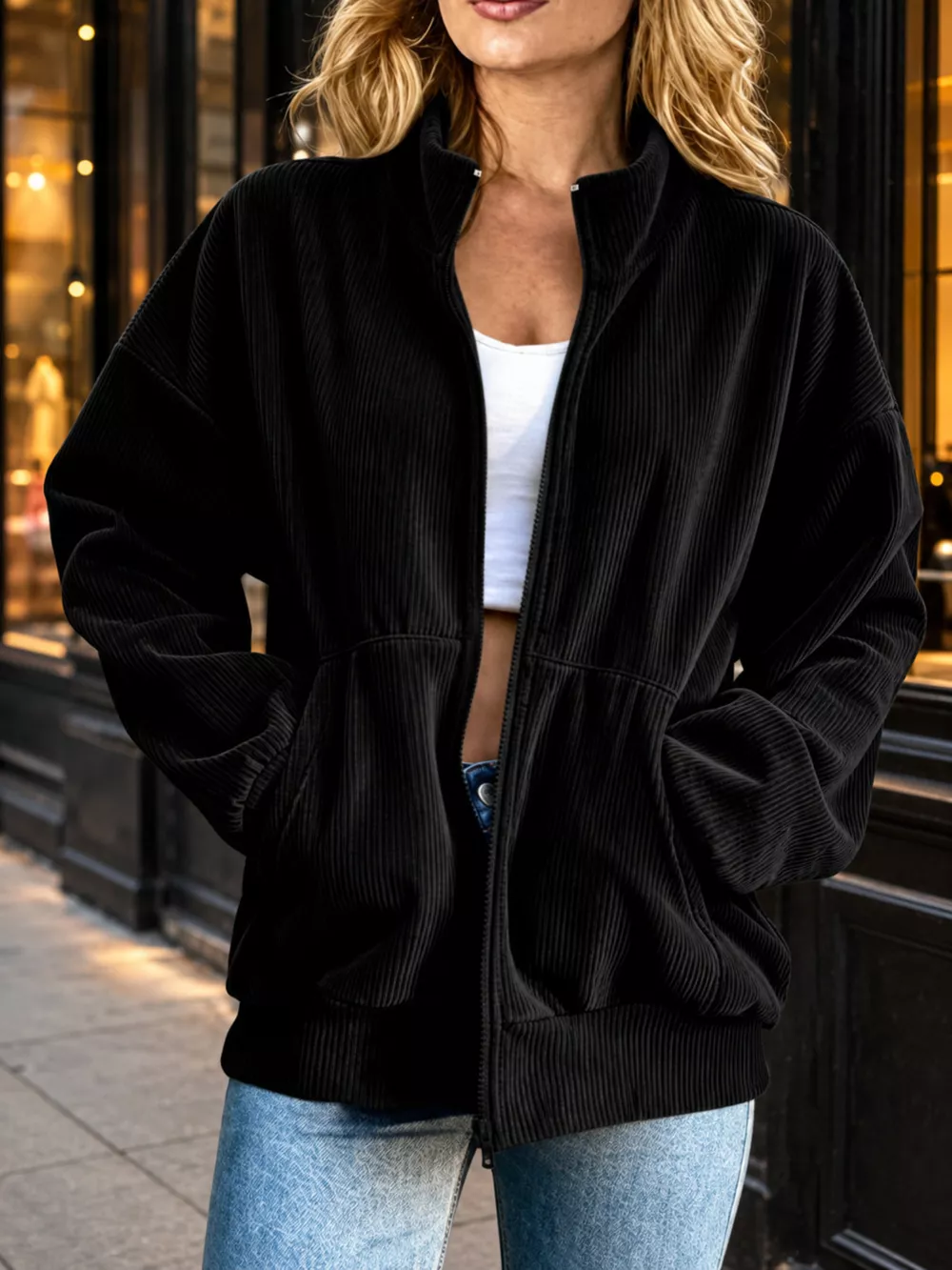 Corduroy Zip-Up Dropped Shoulder Jacket