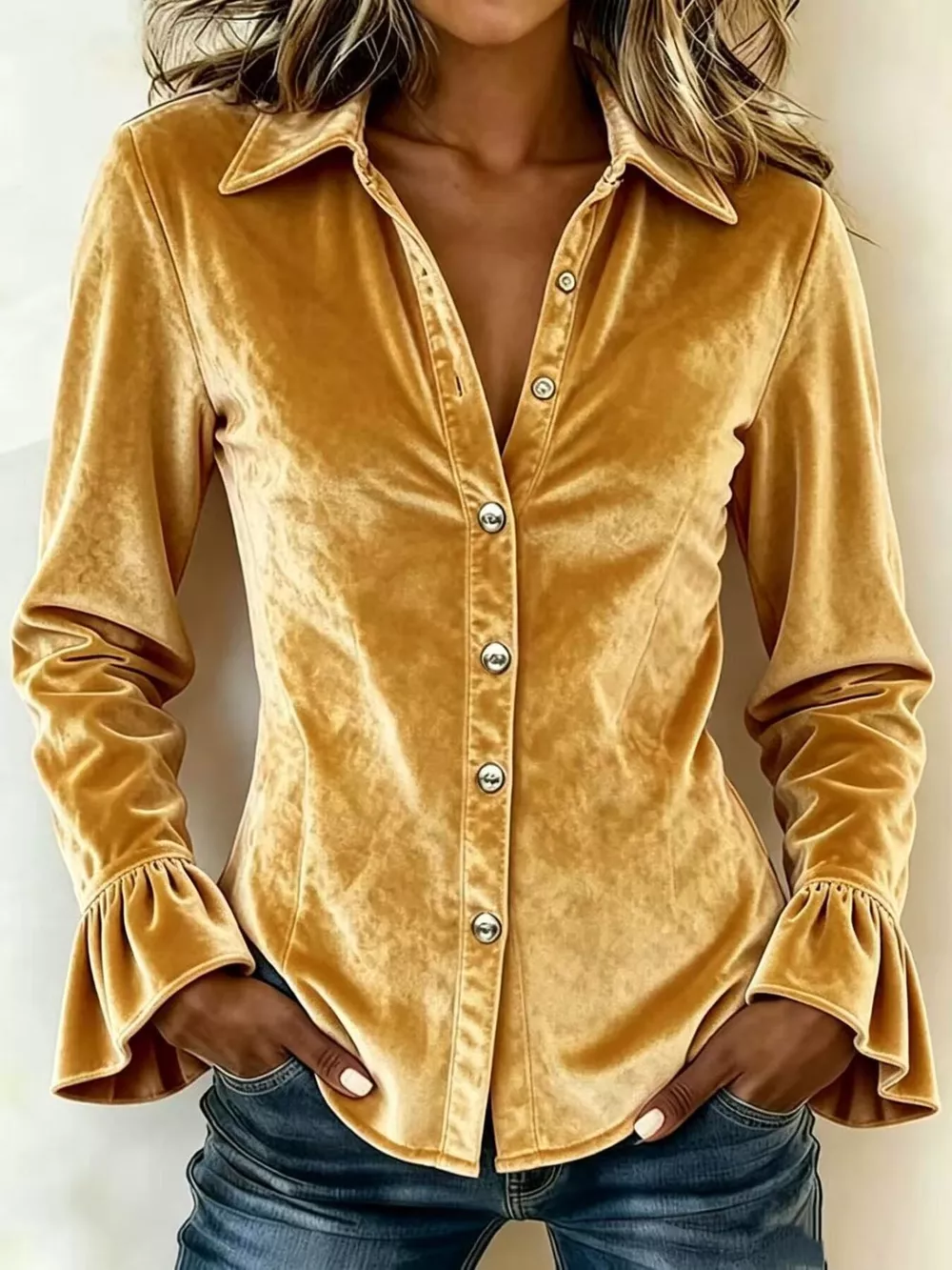 Full Size Button Up Flounce Sleeve Shirt Plus Size, image 16