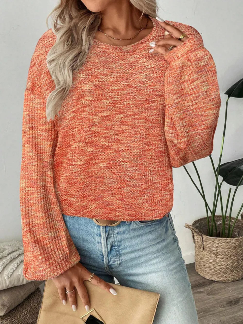 Space-Dyed Long Sleeve Waffle-Knit Top