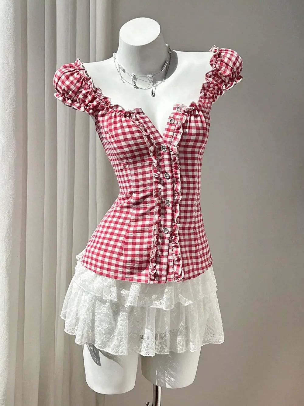 Frill Gingham Cap Sleeve Blouse, image 2