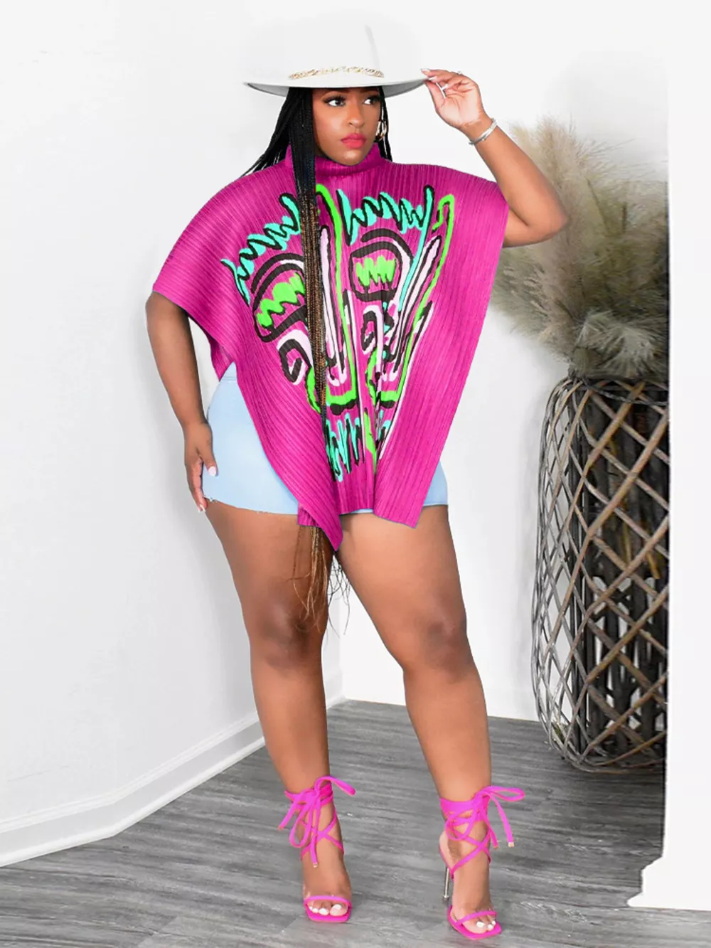 Abstract Print Turtleneck Cape Top, image 4