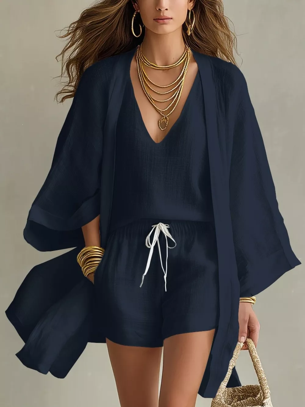 Full Size Elegant Tank and Drawstring Shorts with Cardigan 3-Piece Set Plus Size, image 5