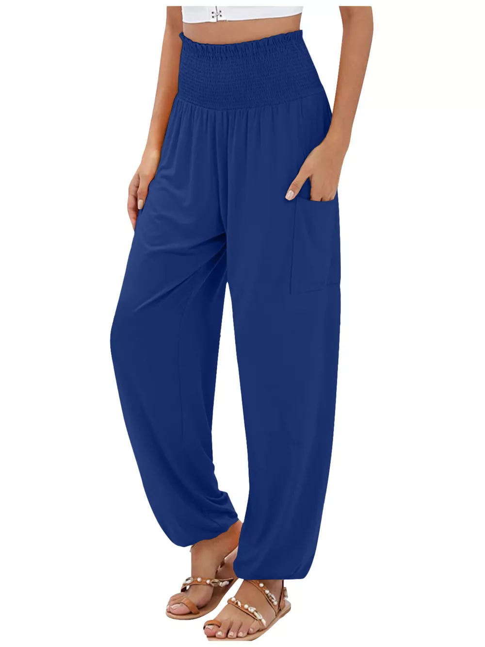 Full Size Smocked Waist Harem Pants with Pockets Plus Size
