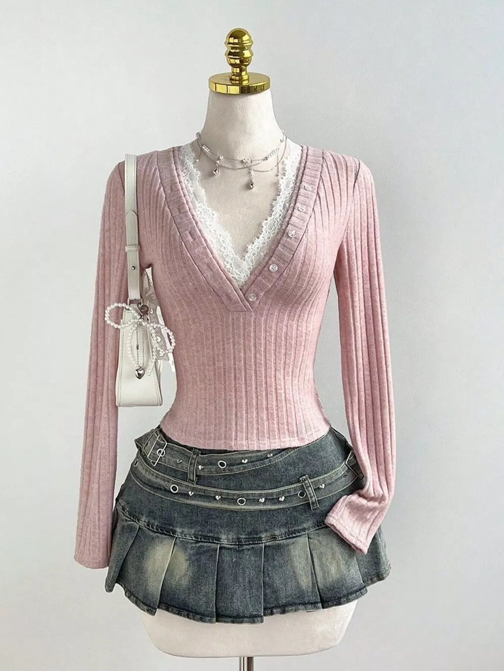 V-Neck Lace Trim Ribbed Knit T-Shirt, image 12