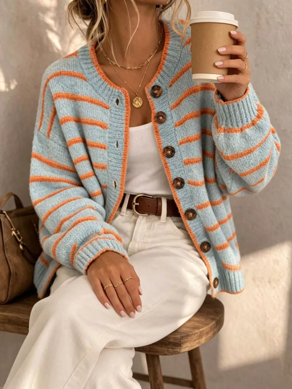 Striped Button-Down Knit Cardigan