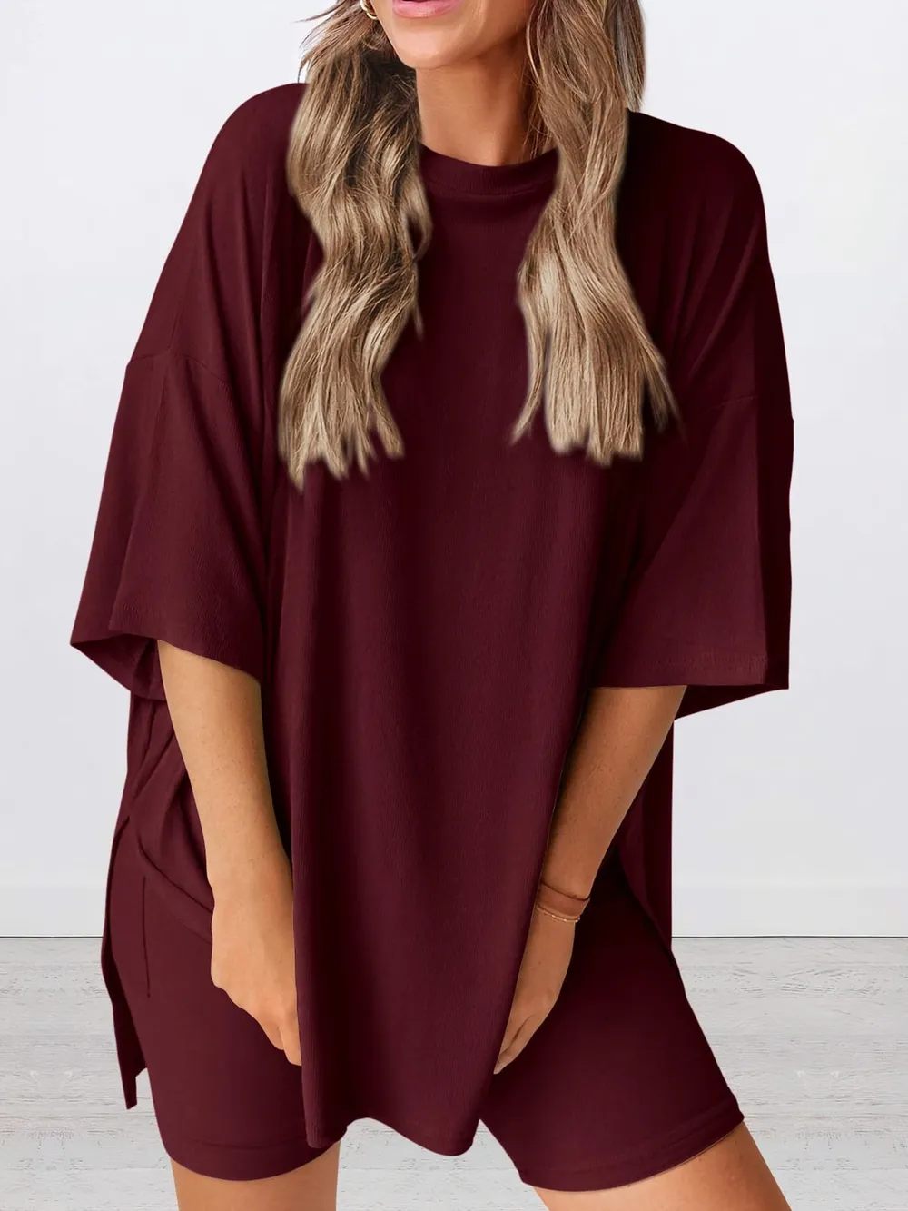 Full Size Oversized Slit Round Neck Top and Shorts Lounge Set Plus Size, image 18