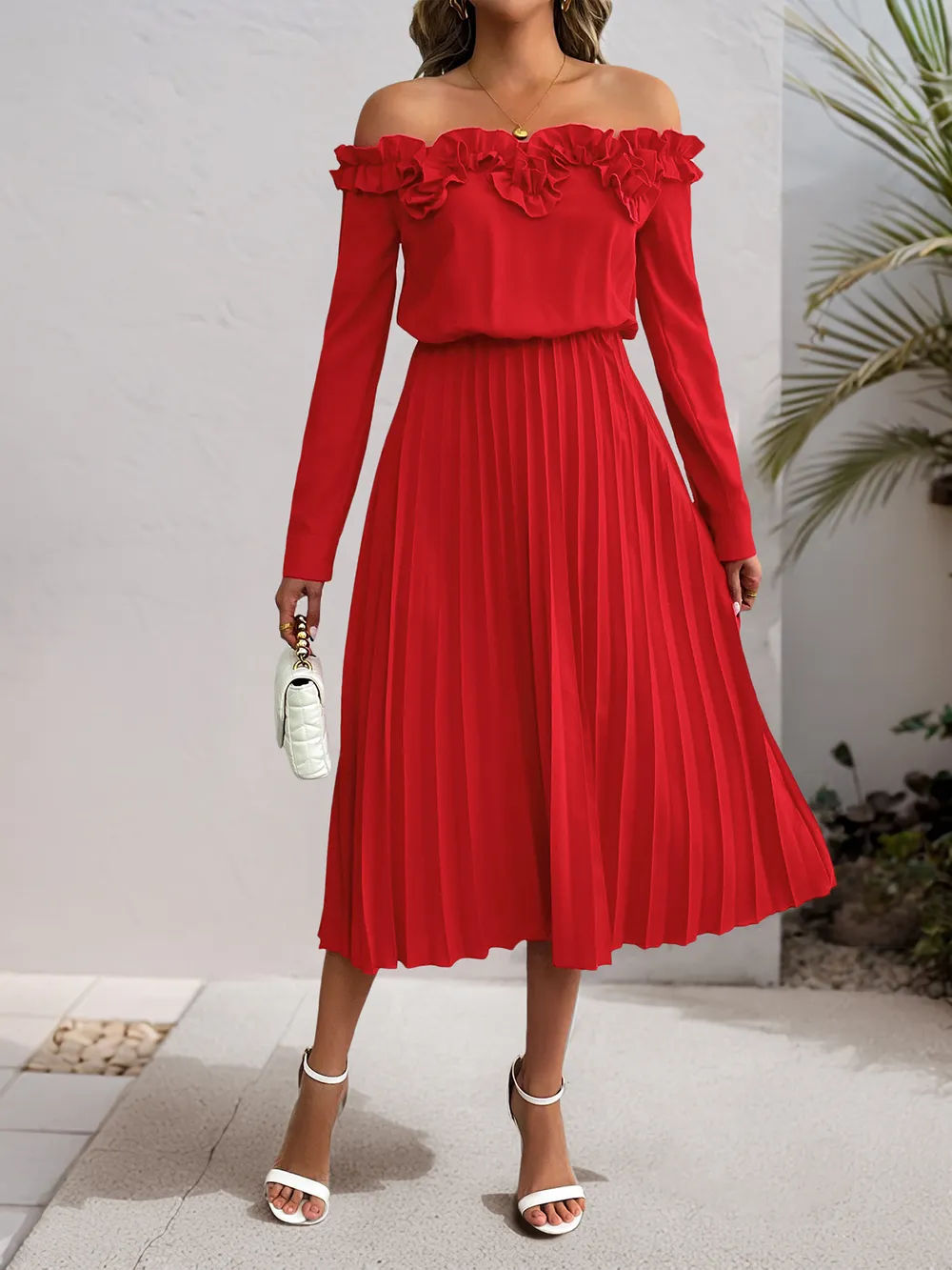 Off-Shoulder Ruffle Pleated Midi Dress, image 6