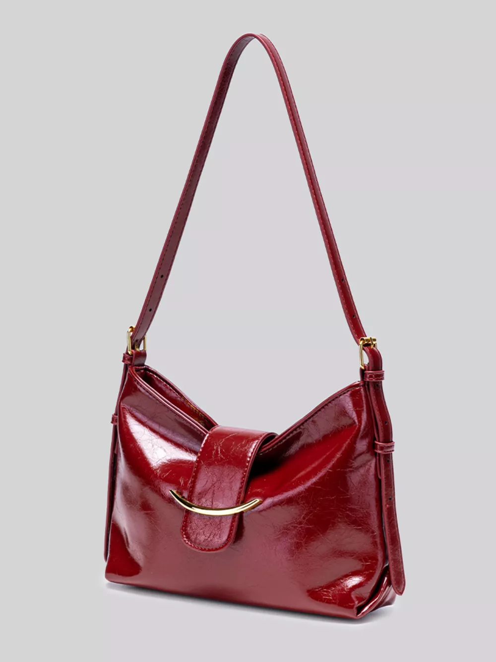 Elegant Glossy Patent Leather Shoulder Bag with Crescent Gold Accent, image 2