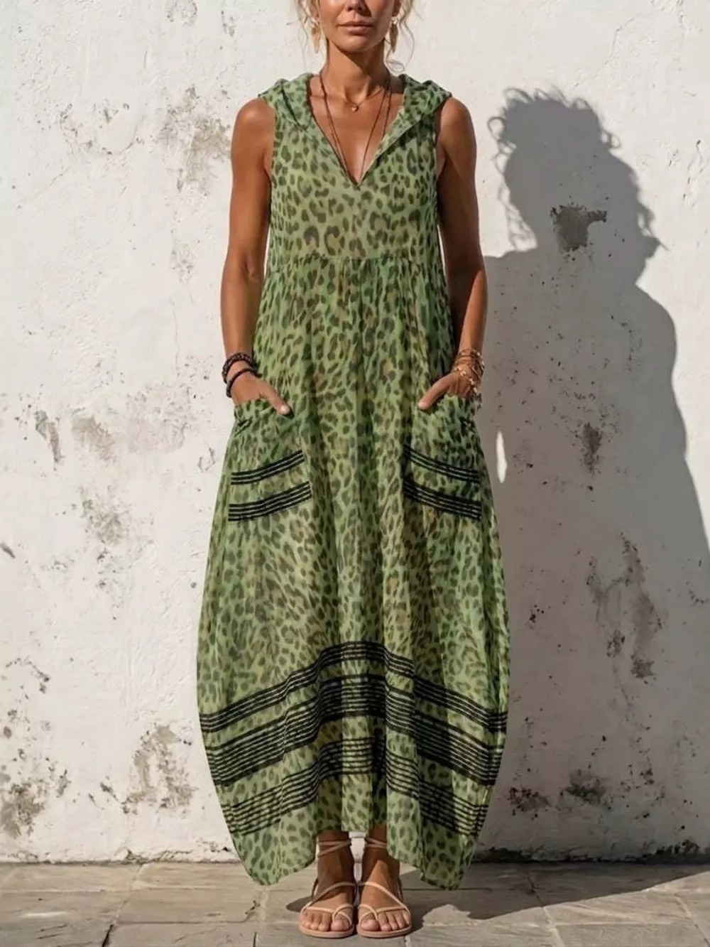 Full Size Sleeveless Hooded Leopard Print Maxi Dress with Pockets Plus Size, image 3