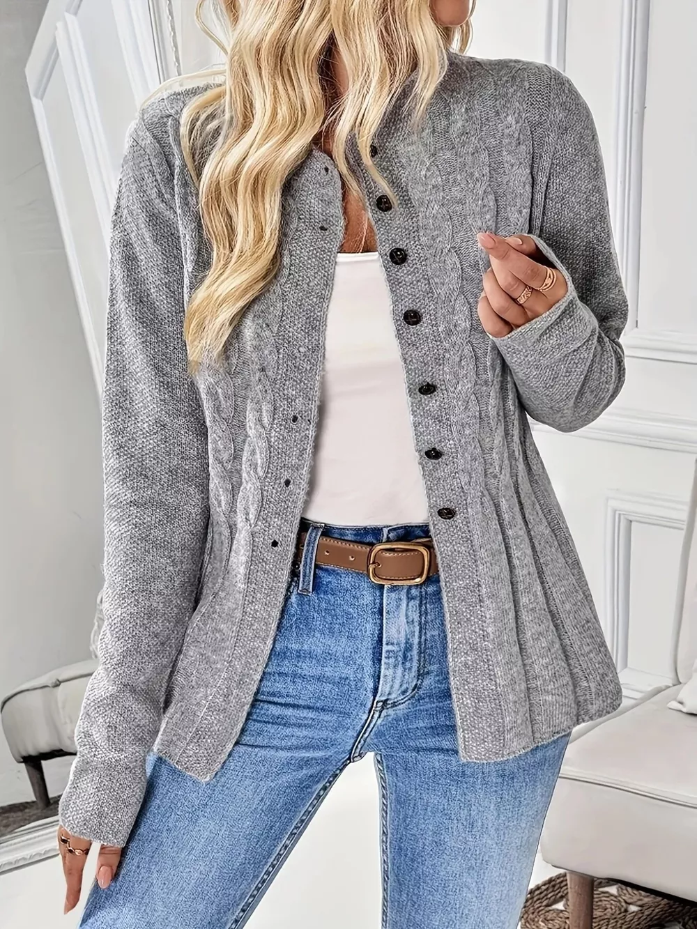 Cable Knit Button Up Cardigan, image 4