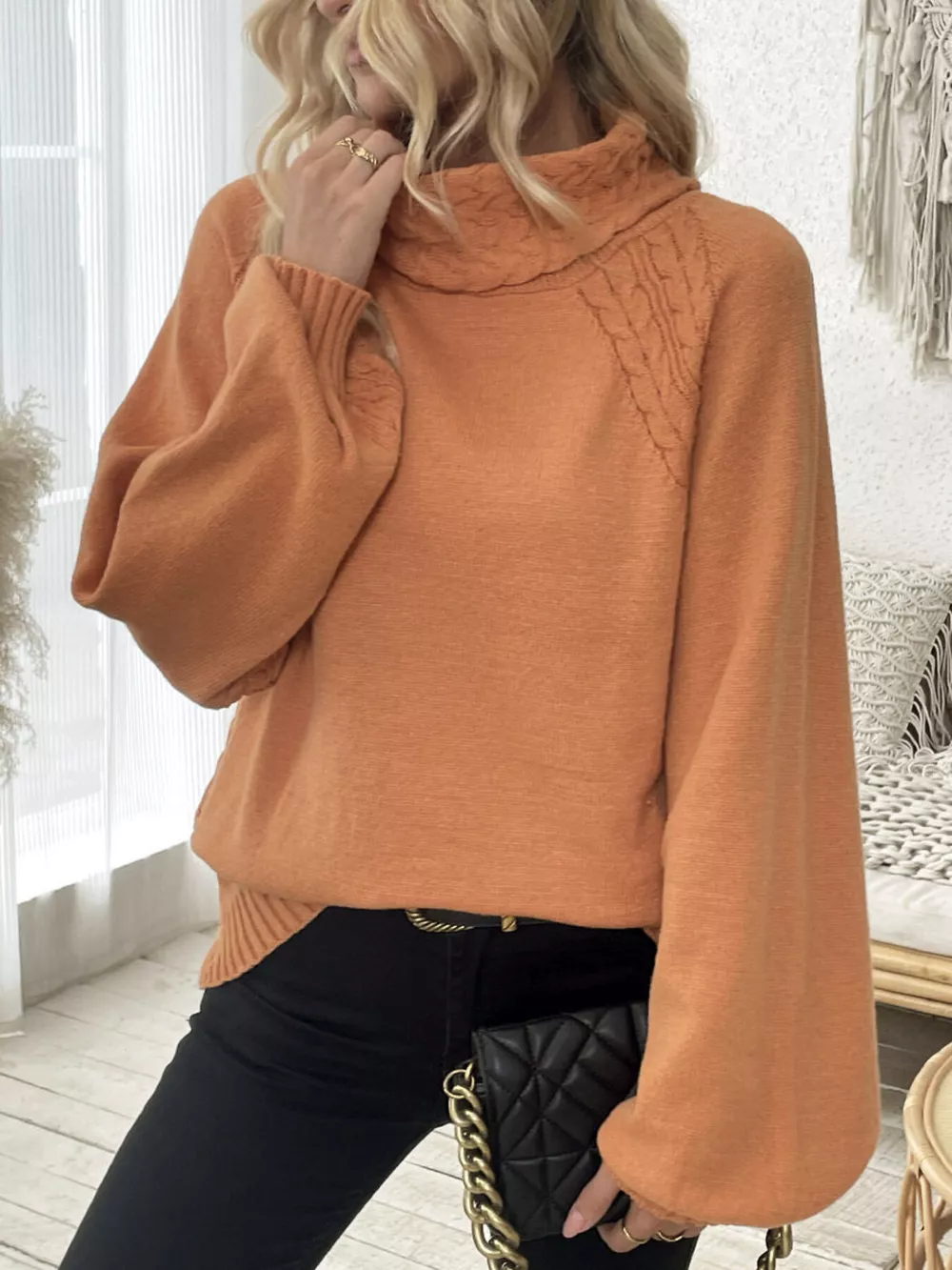 Cable-Knit Turtleneck Long Sleeve Sweater, image 12