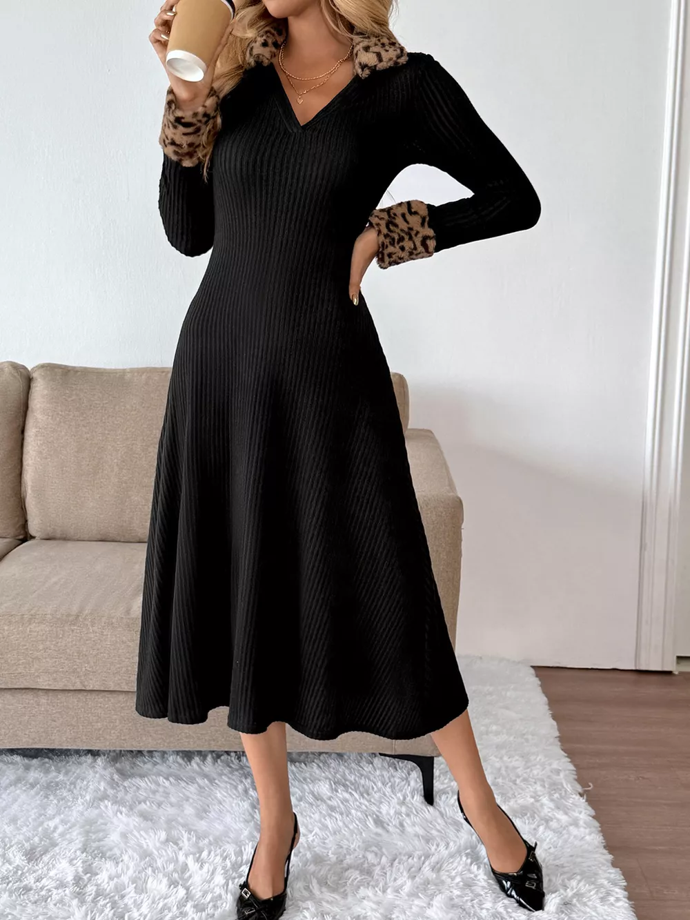 Leopard Cuff Johnny Collar Midi Dress, image 7