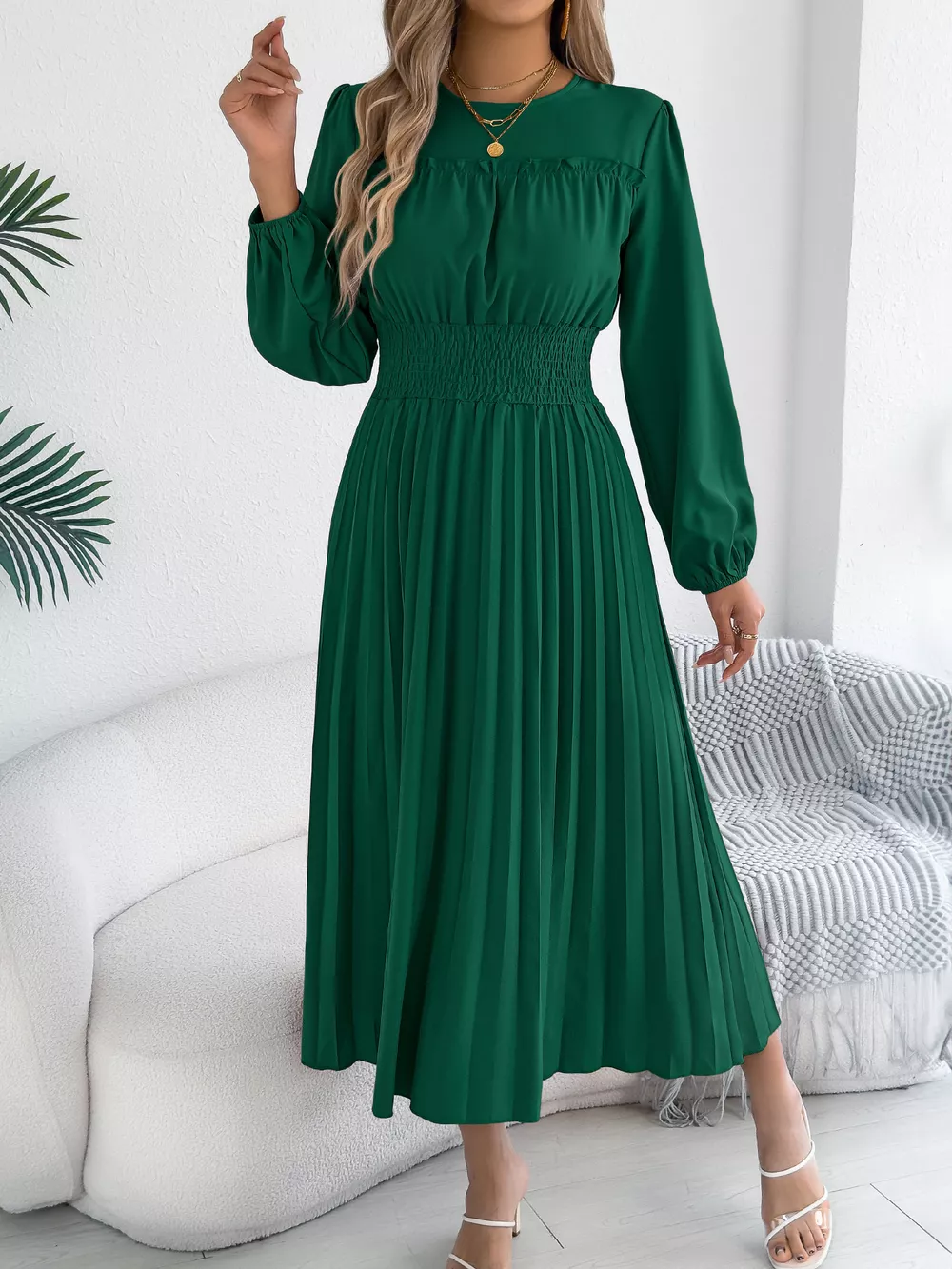 Smocked Pleated Long Sleeve Midi Dress, image 13