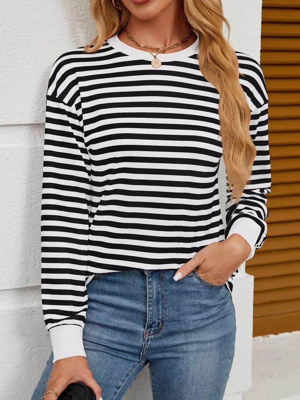 Striped Round Neck Long Sleeve T-Shirt, image 24