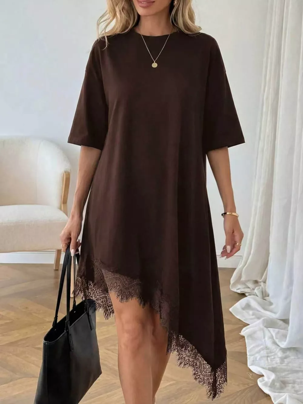 Lace Trim Asymmetrical Hem T-shirt Dress, image 17
