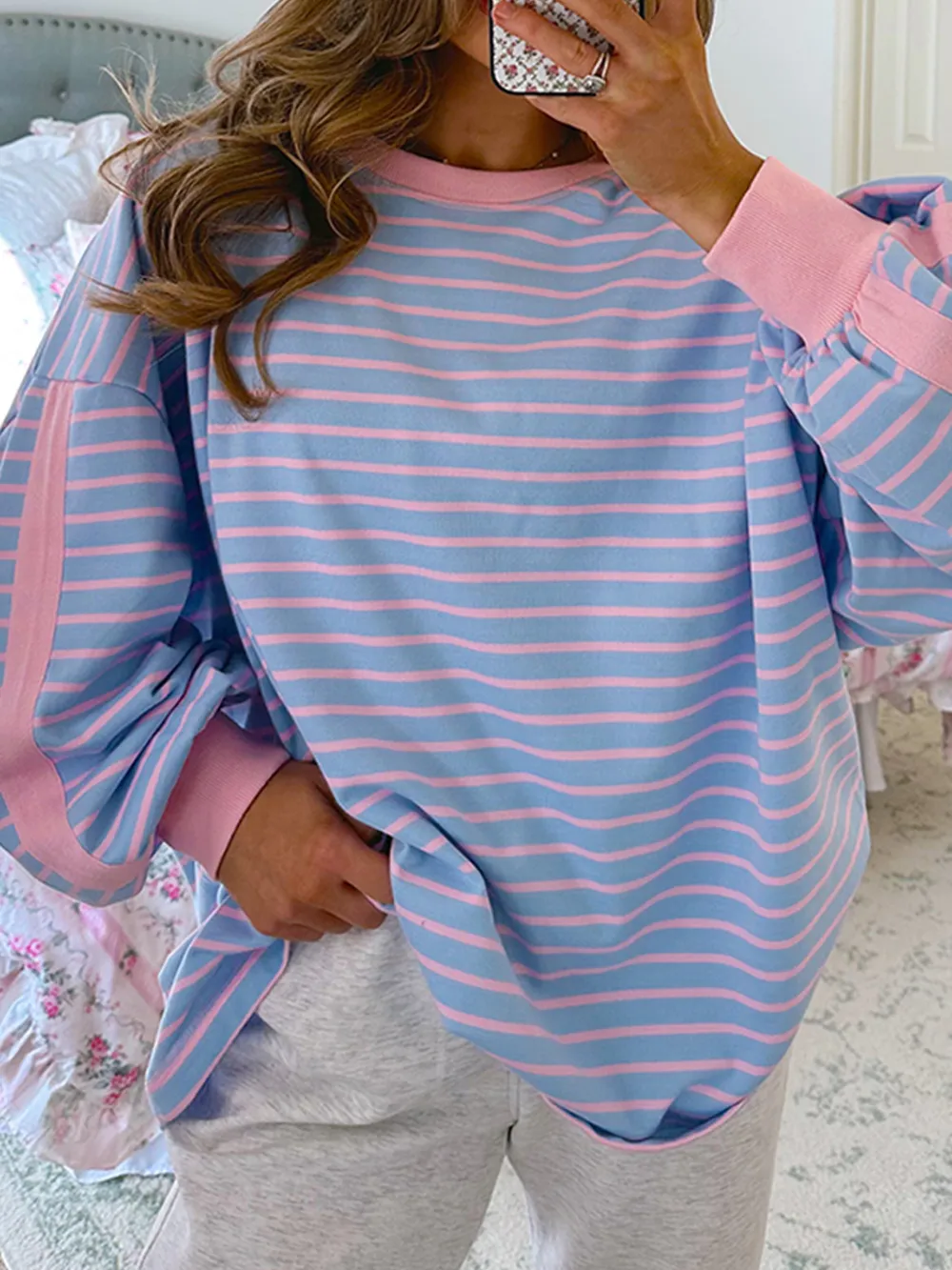 Stripe Oversize Contrast Trim Drop Shoulder Sweatshirt