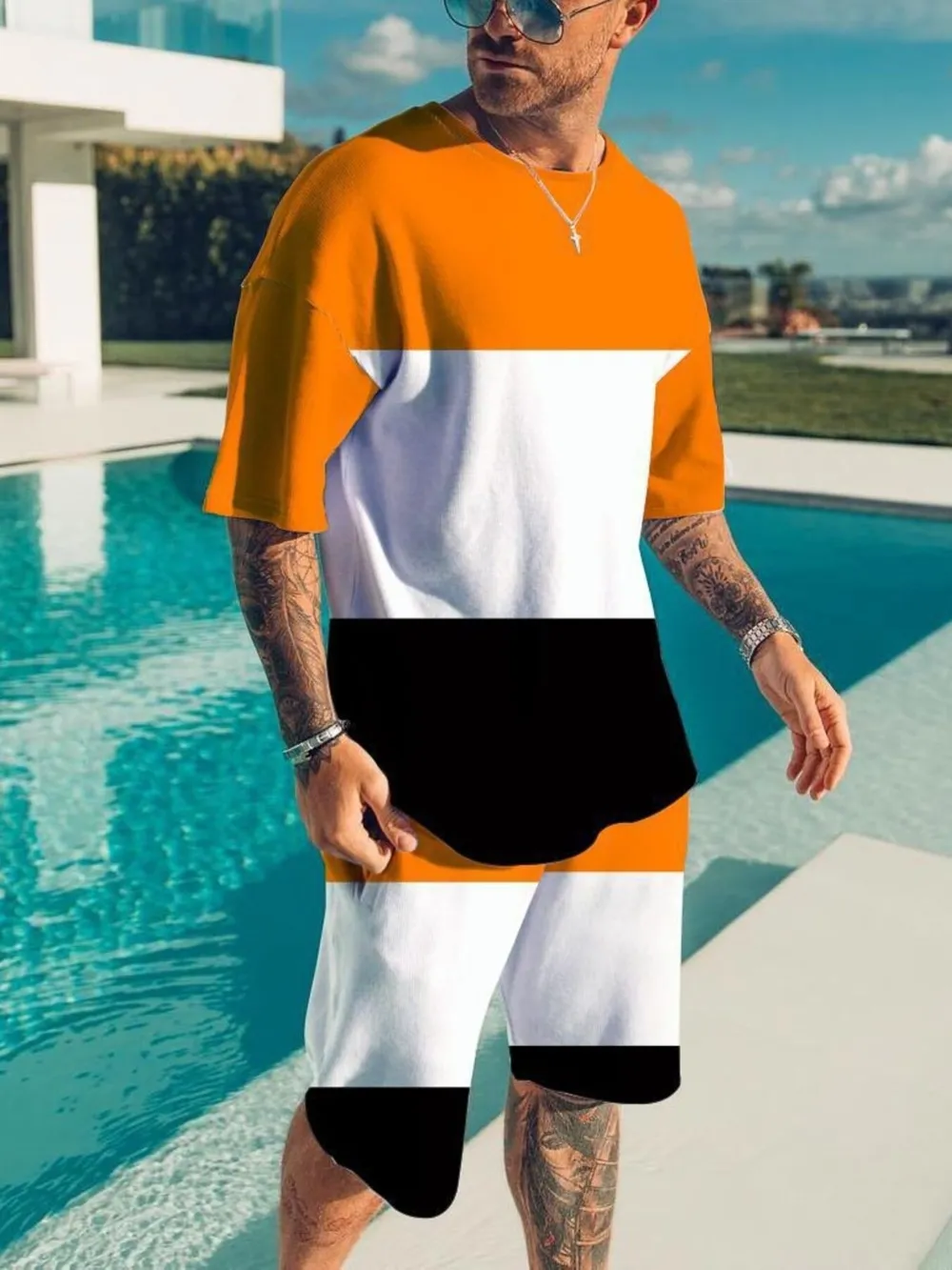 Men's Full Size Color Block Tee and Shorts Set Plus Size, image 2