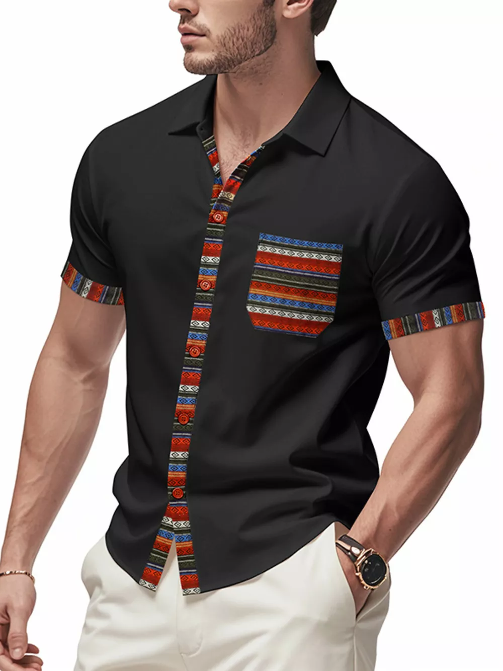 Men's Full Size Short Sleeve Shirt with Colorful Trim Plus Size, image 6