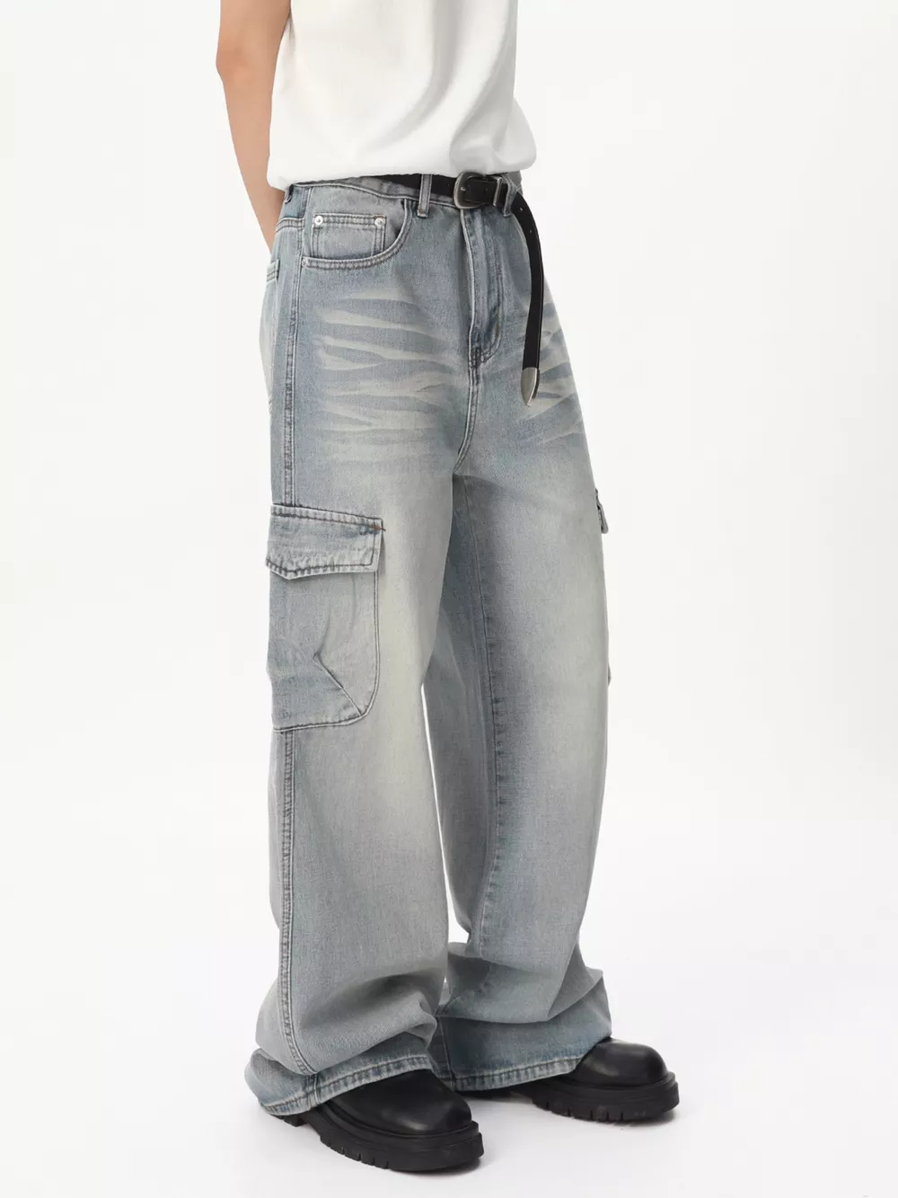 Men's Loose Fit Wash Cargo Jeans, image 2