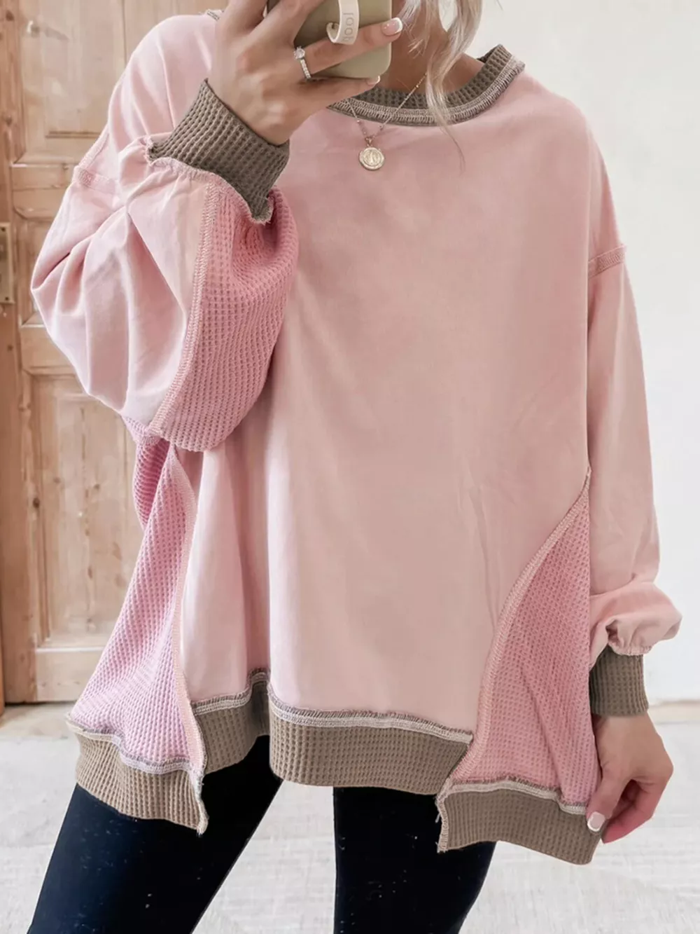 Color Block Mix Texture Waffle Patchwork Oversize Sweatshirt