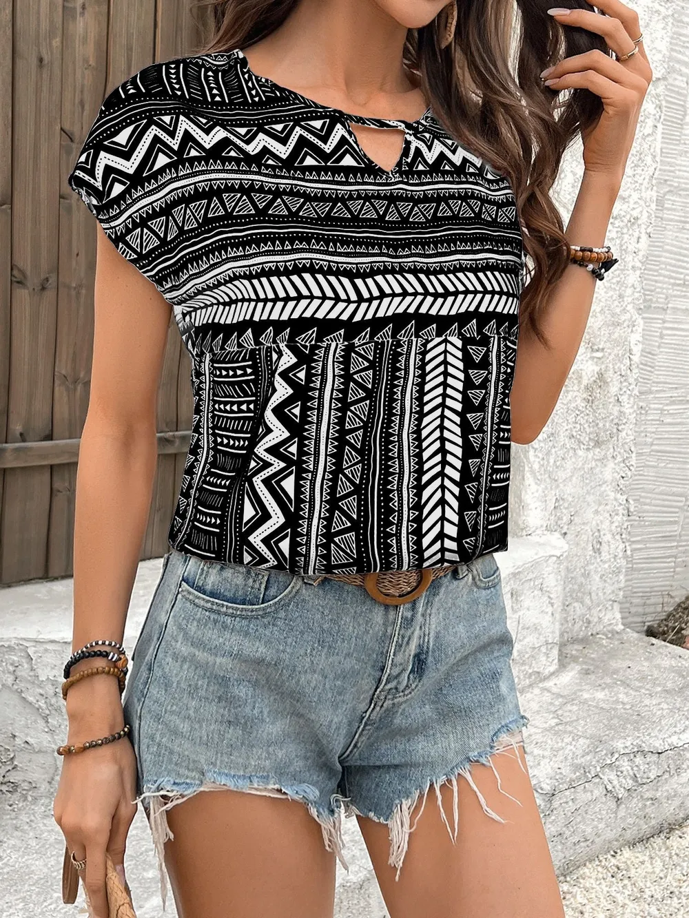 Geometric Print Short Sleeve Blouse, image 4
