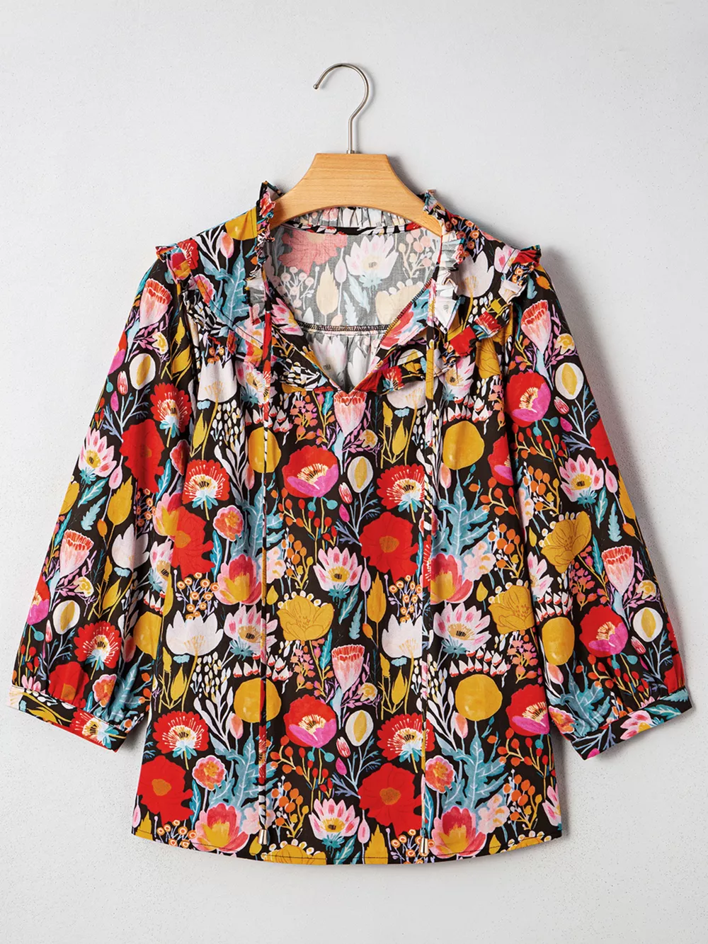 Floral 3/4 Puff Sleeve Tied Neck Blouse, image 9