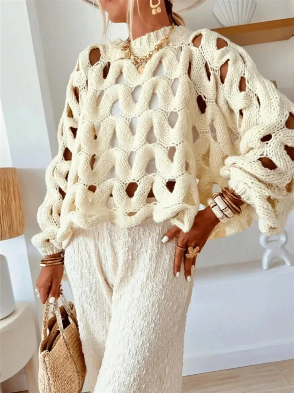 Chunky Cable Knit Hollow Out Sweater, image 6