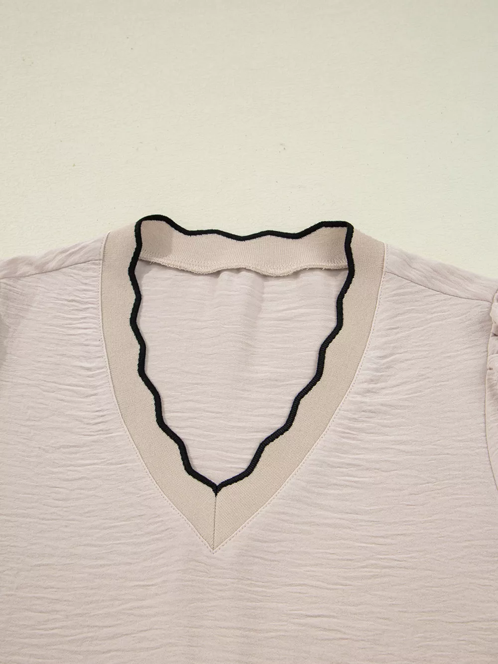 Contrast Scallop Trim V Neck Long Sleeve Blouse, image 10