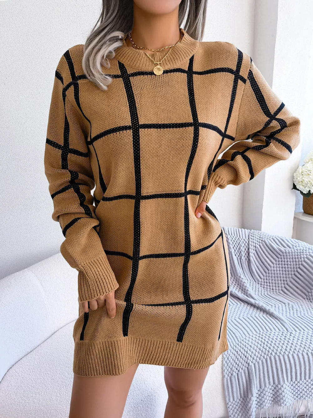 Plaid Pattern Long Sleeve Sweater Dress