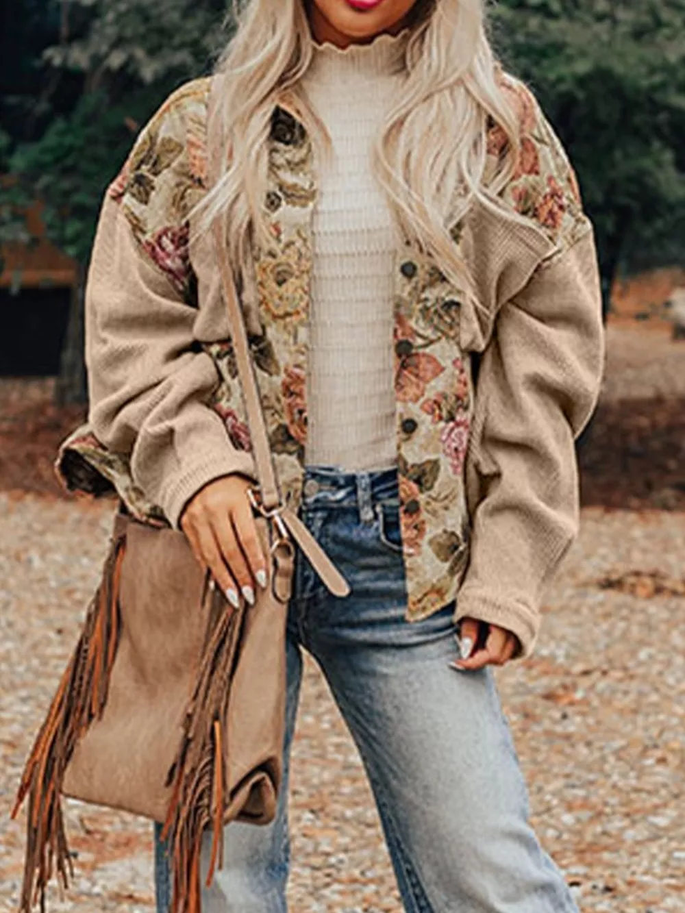 Floral Waffle Knit Patchwork Chest Pockets Buttoned Jacket, image 11