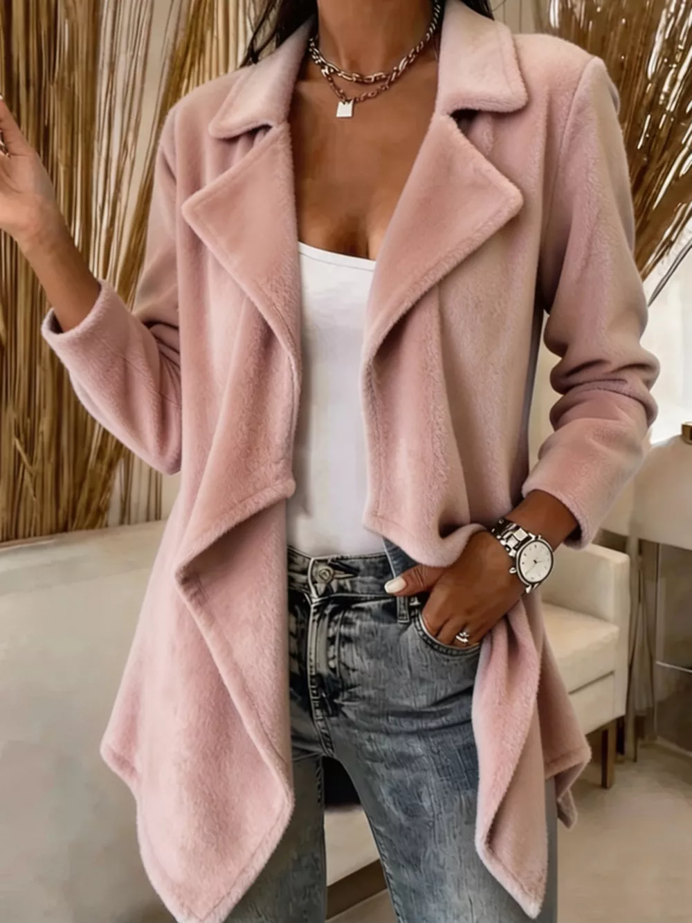 Full Size Fleece Waterfall Collar Outerwear Plus Size, image 5