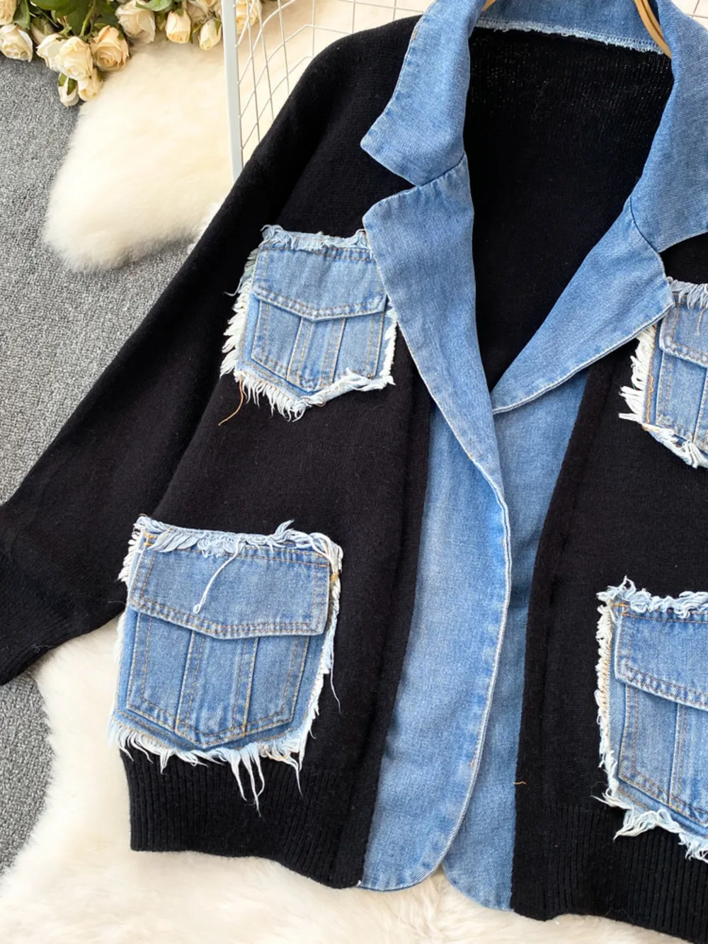 Raw Hem Denim Pocket Patchwork Cardigan, image 9